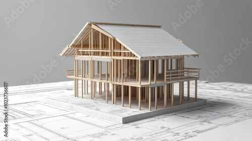 A model home under construction on top of blueprints. photo