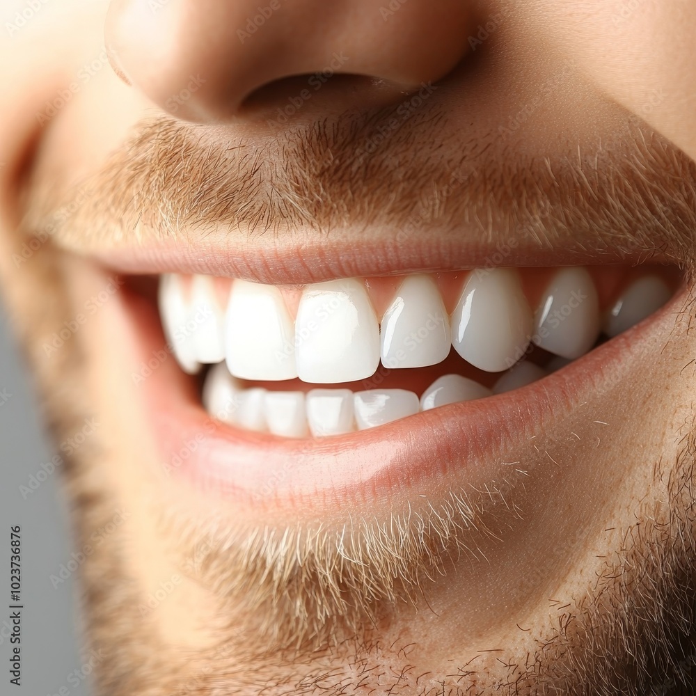 Obraz premium Close-up Portrait of a Man with Perfect. White Teeth Smiling, Dental Care. Hygiene Concept