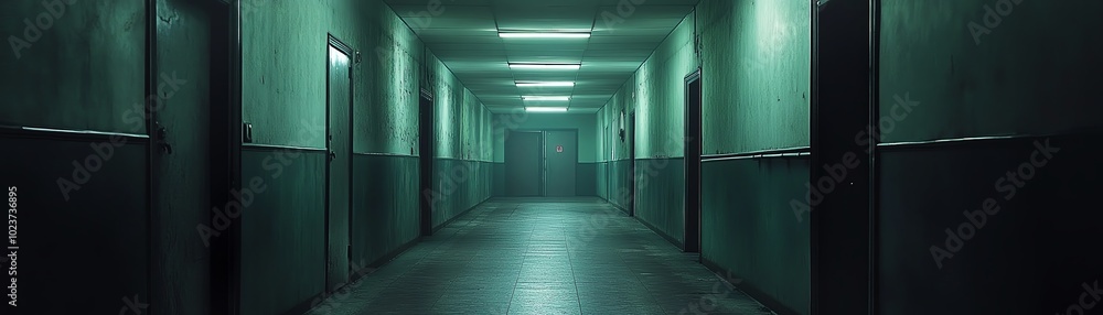 A dimly lit corridor with an eerie atmosphere, showcasing green hues and a mysterious ambiance that evokes suspense and intrigue. A dimly lit corridor with an eerie atmosphere, showcasing green hues and a mysterious ambiance that evokes suspense and intrigue.