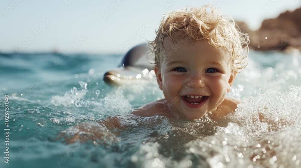 A cheerful child immersed in the ocean water, beaming with a wide smile, capturing the essence of childhood joy and playful innocence in nature. A cheerful child immersed in the ocean water, beaming with a wide smile, capturing the essence of childhood joy and playful innocence in nature.