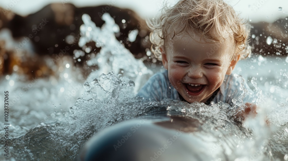 A young child laughs joyfully while playing in the ocean, surrounded by splashes of water, capturing the essence of carefree childhood and happiness. A young child laughs joyfully while playing in the ocean, surrounded by splashes of water, capturing the essence of carefree childhood and happiness.