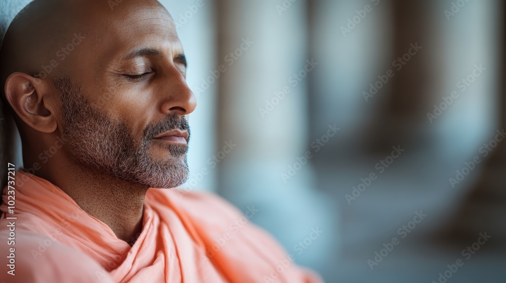 A content bald man sits with eyes closed against a soft-lit background, dressed in a light robe, demonstrating a scene of relaxation and reflective serenity. A content bald man sits with eyes closed against a soft-lit background, dressed in a light robe, demonstrating a scene of relaxation and reflective serenity.