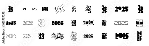 A versatile typographic logo set for 2025 in black and white, showcasing various design styles for Christmas and New Year-themed graphics, suitable for media.