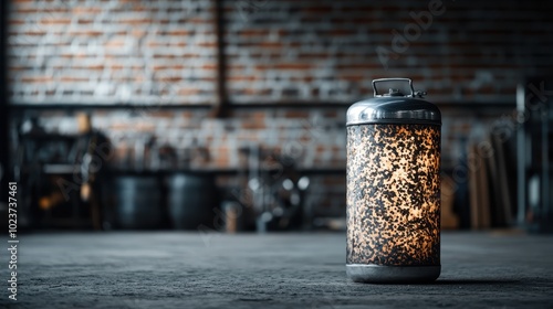 A vintage gas cylinder with intricate patterns lights up an industrial interior, evoking a sense of nostalgia, artistry, and the allure of historical design elements.