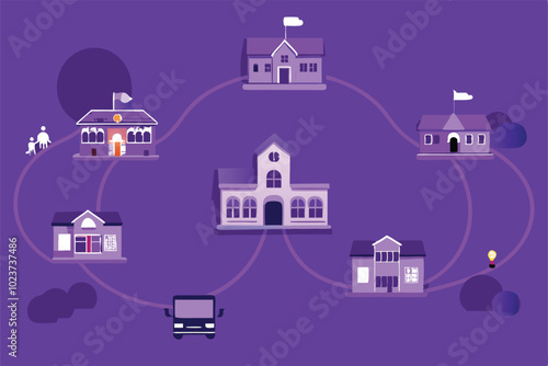 Illustration of a school system with connected buildings, a school bus and people.