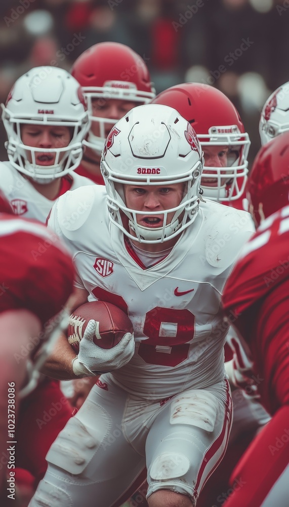 Fototapeta premium Football Player Charges Through Defenders During Game, Highlighting Intense Sport Action