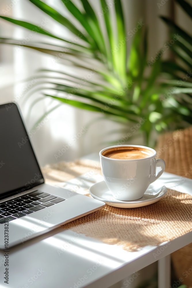 A serene workspace featuring a laptop and a white coffee cup beside lush green plants, perfect for a productive day. A serene workspace featuring a laptop and a white coffee cup beside lush green plants, perfect for a productive day.