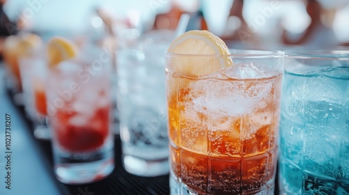 Sparkling cocktails with citrus slices glisten in sunlight, lined up on a bar counter, evoking a lively, vibrant environment for outdoor gatherings and celebrations.