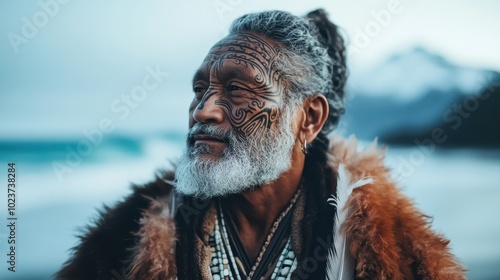 An elder man adorned with intricate facial tattoos looks pensively towards the ocean, captured in a moment that exudes wisdom and heritage in a scenic setting.