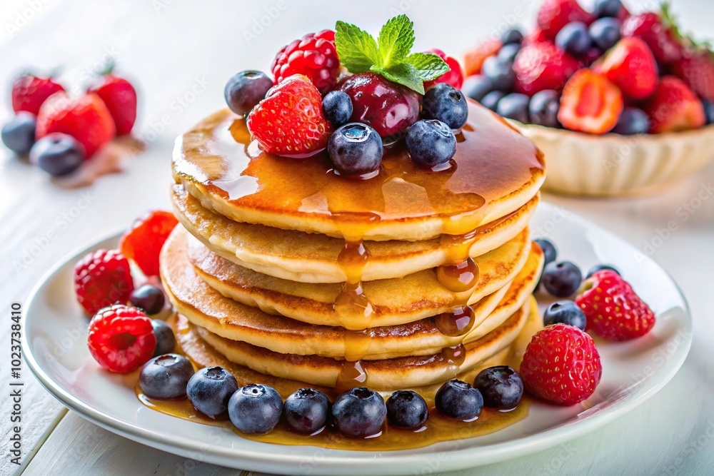 Medium shot of pancakes topped with blueberries, strawberries, and maple syrup on a white background Medium shot of pancakes topped with blueberries, strawberries, and maple syrup on a white background