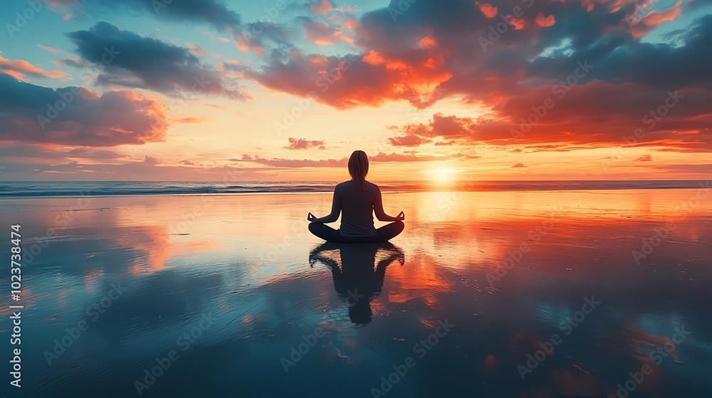 A serene silhouette meditating against a vibrant sunset, reflecting calmness over tranquil water. Perfect for wellness themes. A serene silhouette meditating against a vibrant sunset, reflecting calmness over tranquil water. Perfect for wellness themes.