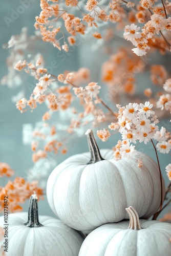 A serene arrangement of pale pumpkins and delicate flowers, perfect for autumn-themed decor and seasonal photography. photo