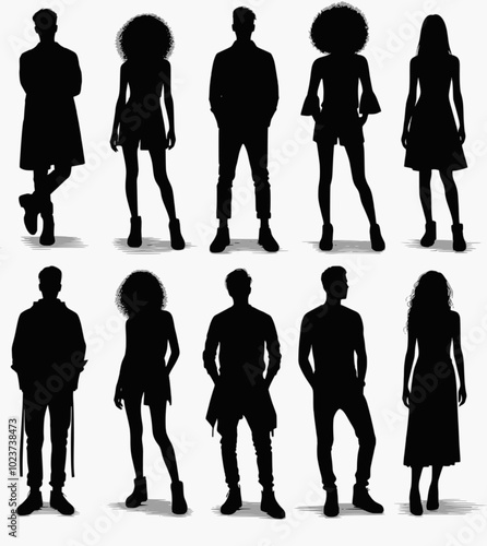Vector silhouettes man and women, illustration. Silhouettes of young people posing in fashionable clothes.