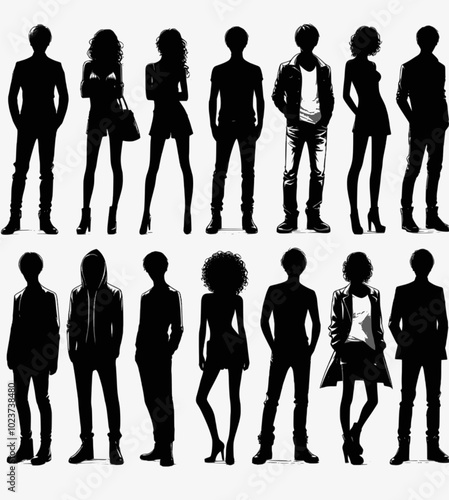 Vector silhouettes man and women, illustration. Silhouettes of young people posing in fashionable clothes.