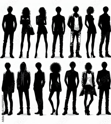 Vector silhouettes man and women, illustration. Silhouettes of young people posing in fashionable clothes.  Smooth JPEG version. photo