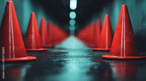 A series of orange traffic cones positioned in a symmetric formation within a dimly lit corridor, showcasing the convergence of lines and creating a dramatic visual impact.