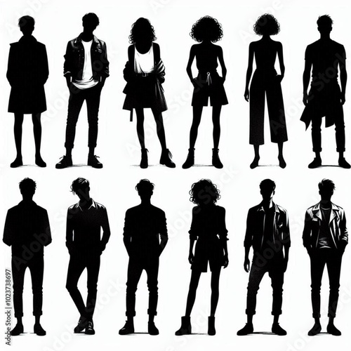 Vector silhouettes man and women, illustration. Silhouettes of young people posing in fashionable clothes.  Smooth JPEG version. photo