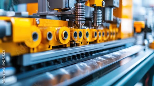 Close-up of an industrial manufacturing machine with yellow and gray components, showcasing the intricate details of its assembly line.