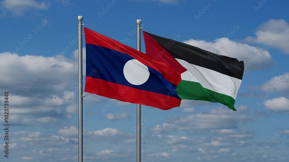 Palestine and Gaza Strip and Laos two flags waving together on blue , video concept of the relationship Palestine and Gaza Strip and Laos two flags waving together on blue , video concept of the relationship