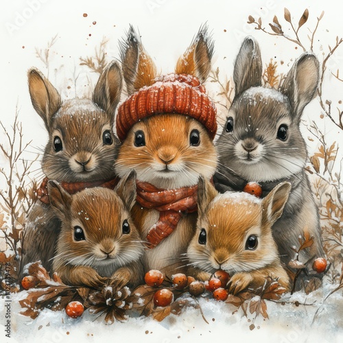 Squirrel and rabbits Chrristmas watercolor winter illustration photo