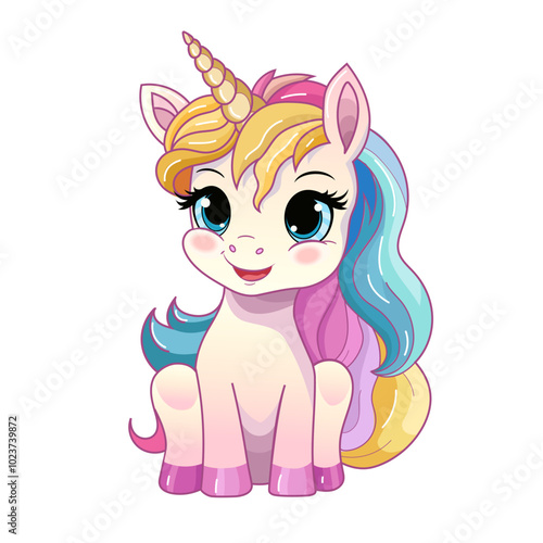 Cute unicorn with colorful mane. Pony cartoon character. Vector illustration.