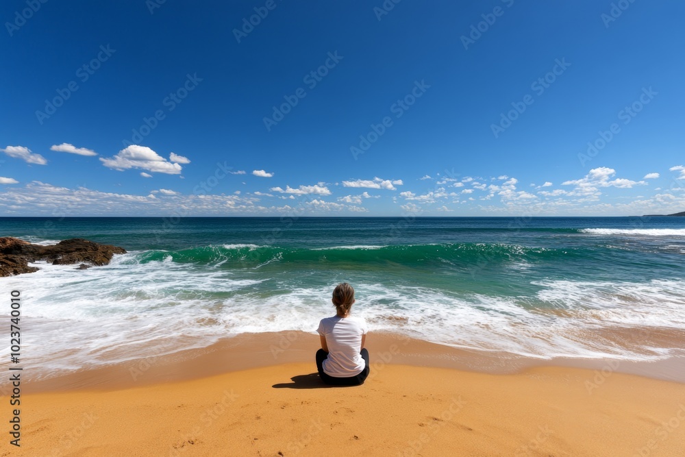A person quietly watching the waves of the ocean from a secluded beach, embodying the peace and inner harmony of eudaimonia A person quietly watching the waves of the ocean from a secluded beach, embodying the peace and inner harmony of eudaimonia