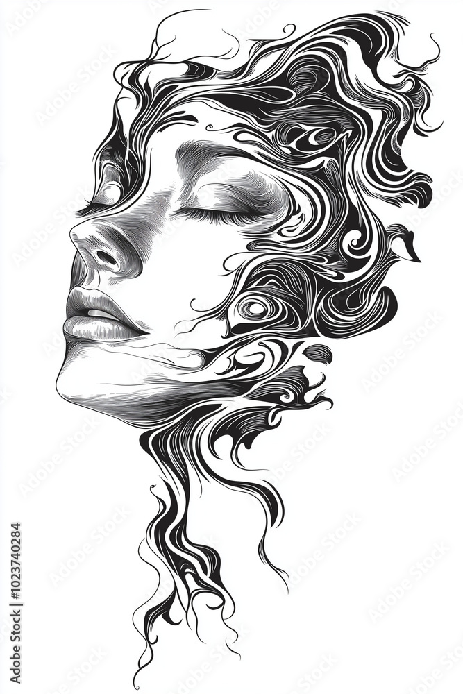 Woman’s face silhouette, with fluid, flowing lines, almost like water, as if her essence is merging with the passage of time. Woman’s face silhouette, with fluid, flowing lines, almost like water, as if her essence is merging with the passage of time.
