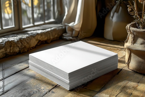 White card stock mockup, lying on the floor of an empty room with window shadows