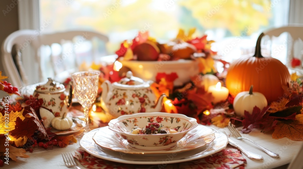 A beautifully arranged autumn table showcases seasonal decor, inviting guests to a festive meal A beautifully arranged autumn table showcases seasonal decor, inviting guests to a festive meal