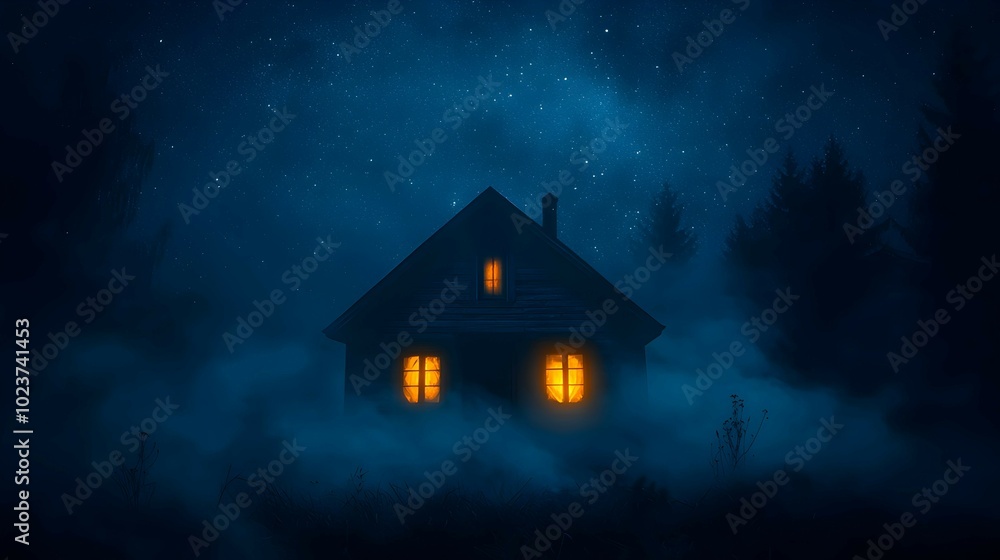 Glowing Haunted House Under Soft Stars at Night Glowing Haunted House Under Soft Stars at Night