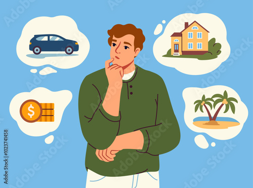 Man dreaming lifestyle. Young thoughtful guy thinks about money, car, apartment and vacation. Person dream about wealth. Planning expenses. Material benefits. Flat vector illustration