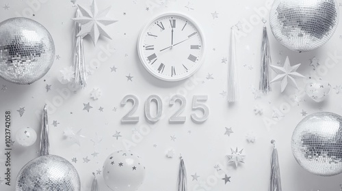 Elegant New Year 2025 celebration with silver disco balls, glittering numbers, and a clock on a white wall backdrop