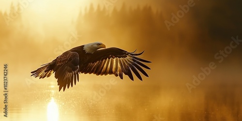 Majestic Eagle Soaring at Sunset Over Water, Bald Eagle Flying Silhouette, Wildlife Photography, Golden Sky, Nature Landscape, Bird of Prey in Flight, Sunset Horizon Reflection, Powerful Eagle Wings S photo