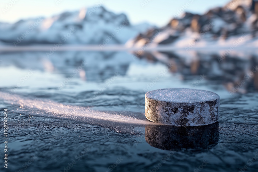 Frozen hockey puck gliding across an icy surface with mountains in the background. Concept for winter sports, ice hockey, competition, and cold outdoor games Frozen hockey puck gliding across an icy surface with mountains in the background. Concept for winter sports, ice hockey, competition, and cold outdoor games