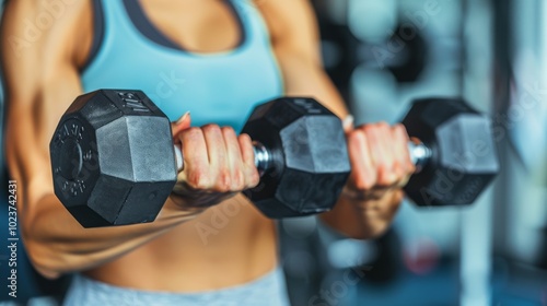 A close-up of a determined woman's hands gripping dumbbells during a challenging gym class, muscles defined and engaged