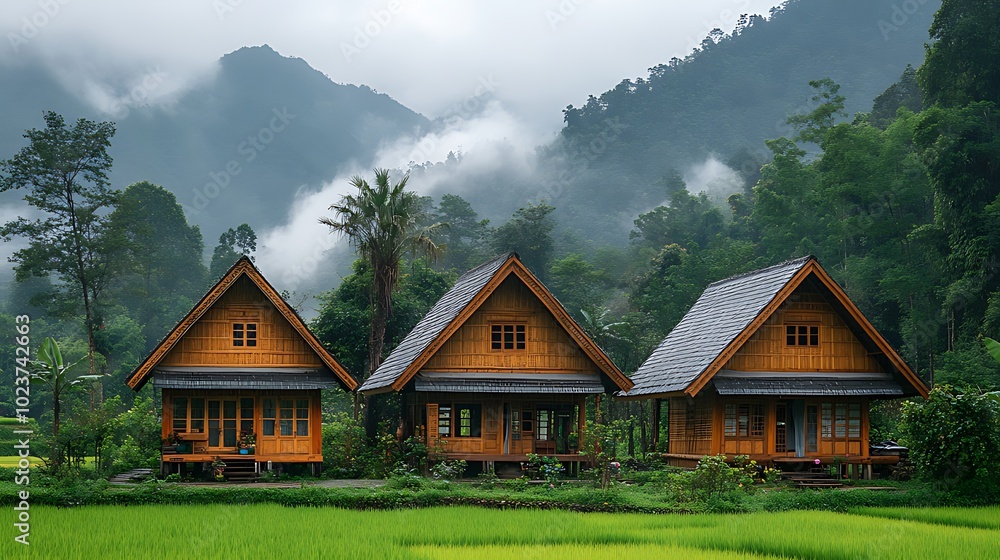 Three wooden cabins nestled in a lush valley with misty mountains in the background. Three wooden cabins nestled in a lush valley with misty mountains in the background.