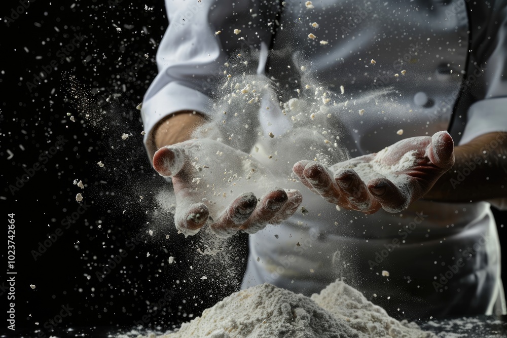 Fototapeta premium Chef hand clap and white flour on black background