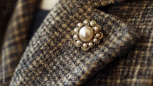 A pearl brooch pinned to a vintage coat, adding a touch of classic charm.