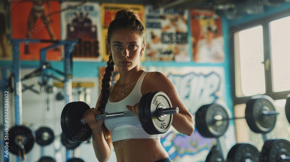 Fototapeta premium A close-up of a determined woman's hands gripping dumbbells during a challenging gym class, muscles defined and engaged