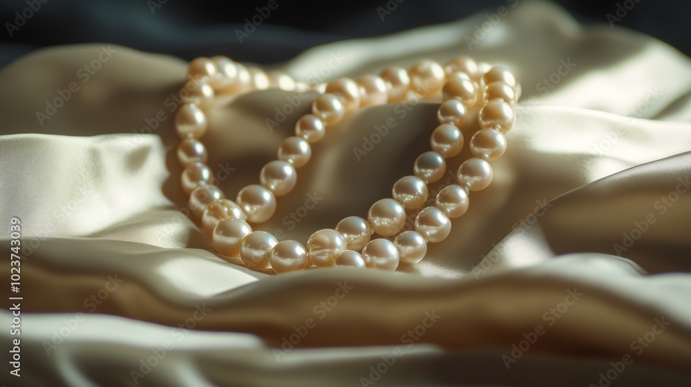 A pearl necklace gently resting atop a folded satin dress, ready for a night out. A pearl necklace gently resting atop a folded satin dress, ready for a night out.