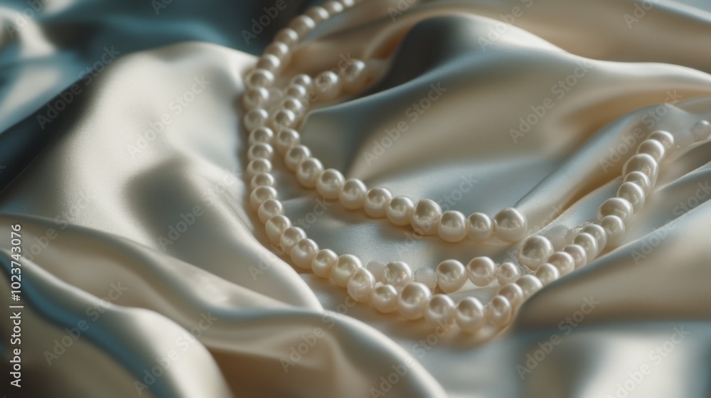 A pearl necklace gently resting atop a folded satin dress, ready for a night out. A pearl necklace gently resting atop a folded satin dress, ready for a night out.