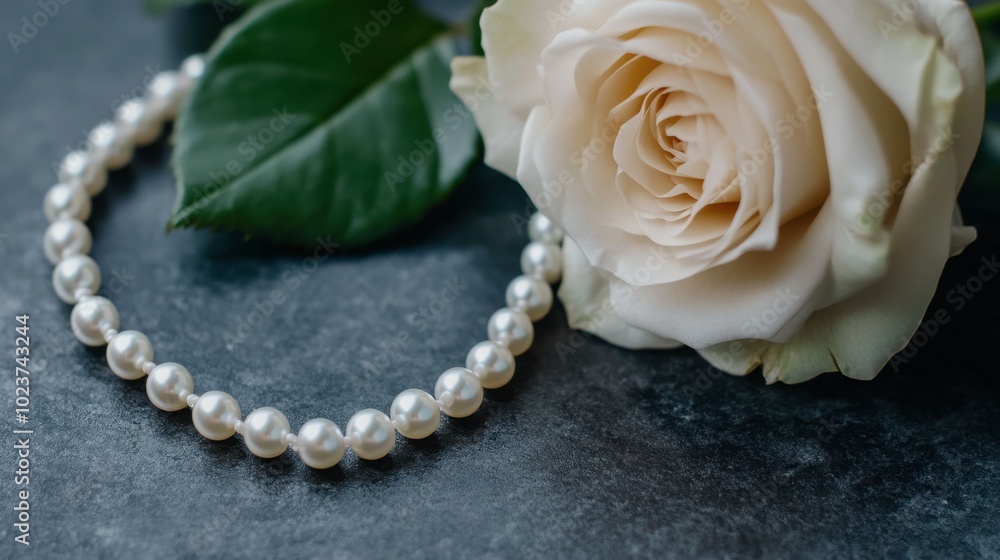 A pearl necklace resting next to a rose, creating a romantic and timeless flat-lay. A pearl necklace resting next to a rose, creating a romantic and timeless flat-lay.