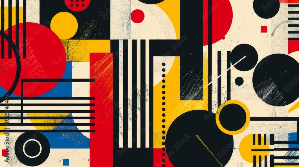 Abstract geometric Bauhaus pattern poster featuring bold shapes and primary colors. Minimalist design. Vector art Abstract geometric Bauhaus pattern poster featuring bold shapes and primary colors. Minimalist design. Vector art