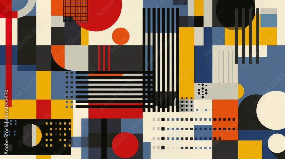 Abstract geometric Bauhaus pattern poster featuring bold shapes and primary colors. Minimalist design. Vector art Abstract geometric Bauhaus pattern poster featuring bold shapes and primary colors. Minimalist design. Vector art