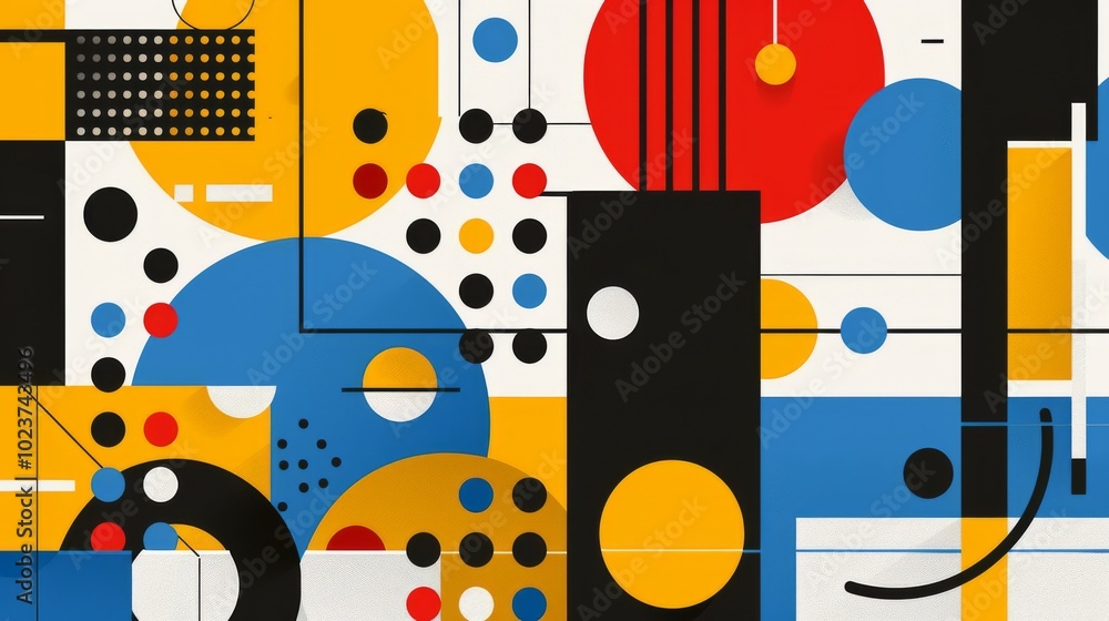 Abstract geometric Bauhaus pattern poster featuring bold shapes and primary colors. Minimalist design. Vector art Abstract geometric Bauhaus pattern poster featuring bold shapes and primary colors. Minimalist design. Vector art