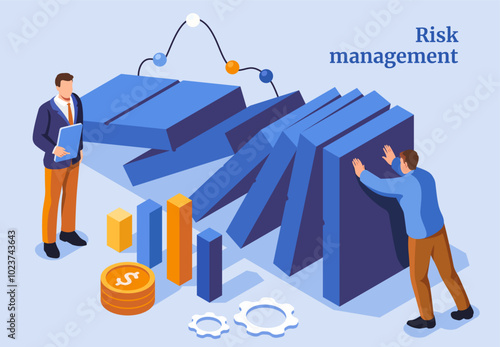 Risk management. Entrepreneurs with graphs and diagrams. Business solution and decision to prevent crisis and bankruptcy. Leadership and success. Strategy and planning. Isometric vector illustration