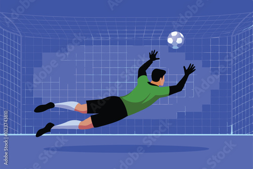 Illustration of a goalkeeper diving to save a goal in soccer.