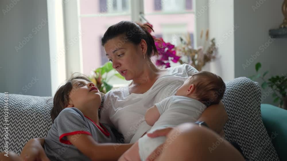 Mother bonding with her young boy and baby, sitting together on a couch, with the mother engaging in conversation and connecting with her children in a home environment Mother bonding with her young boy and baby, sitting together on a couch, with the mother engaging in conversation and connecting with her children in a home environment