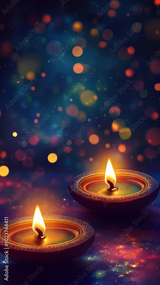 Two lit candles with a vibrant bokeh background, creating a warm and festive atmosphere perfect for celebrations. Two lit candles with a vibrant bokeh background, creating a warm and festive atmosphere perfect for celebrations.