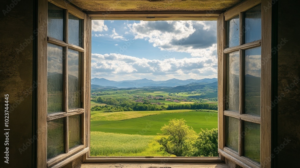 Fototapeta premium A picturesque countryside view through an open window, with green fields and mountains in the background.